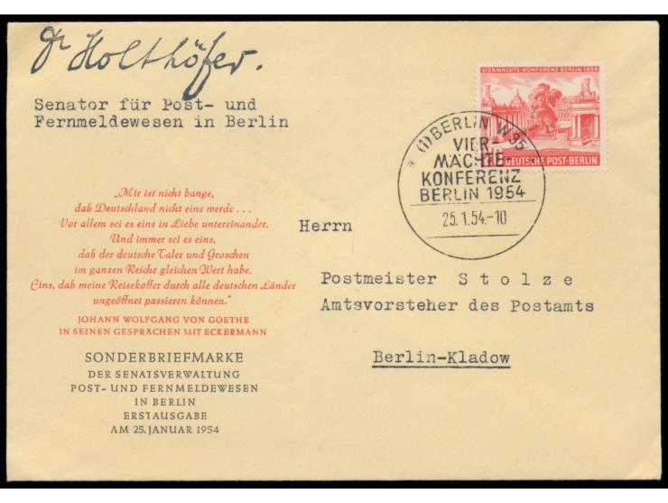 Viermächte-Konferenz 1954, amtlicher FDC mit Sonderstempel 25.1.54, vorderseitig links oben gestempelte Unterschrift "Dr. Hol