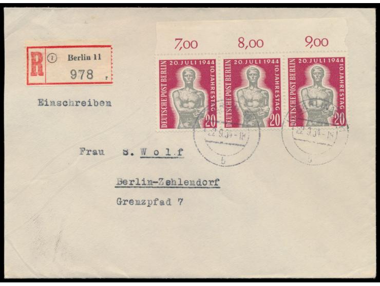 20 Pf. &quot;10. Jahrestag des Attentats vom 20. Juli 1944&quot; als waagerechter Oberrand-Dreierstreifen auf Orts-R-Brief mi