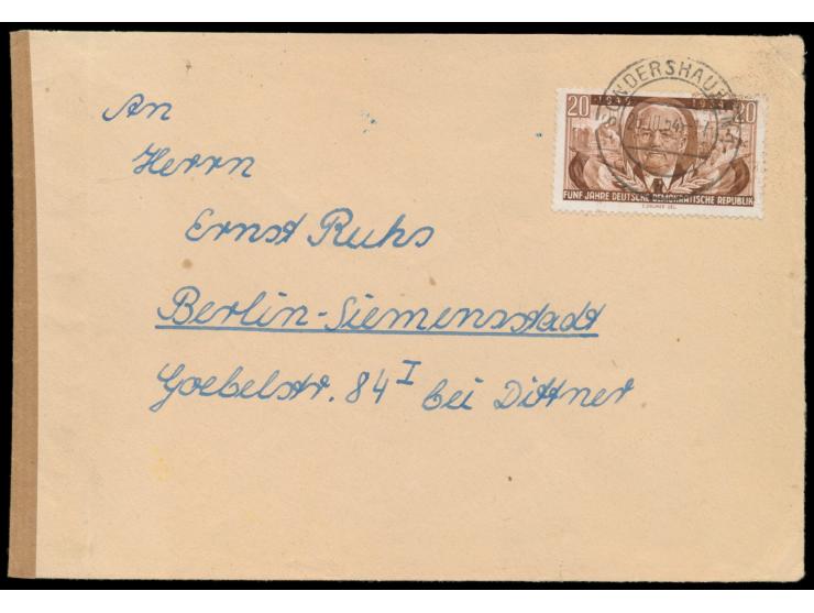 Brief mit DDR-Sondermarke 20 Pf. von Sondershausen 26.10.54 nach Berlin-Siemensstadt, links neutraler brauner Verschluss, rüc