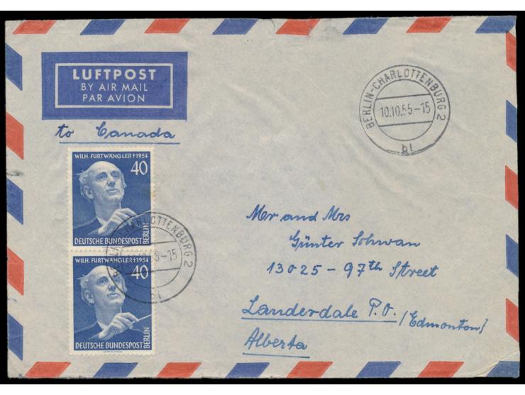 2 x 40 Pf.  Furtwängler  auf Luftpostbrief nach Canada, Stempel  Berlin-Charlottenburg 2  10.10.55, Ankunftstempel Lauderdale
