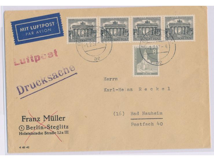 4 x 1 Pf. Bauten I und 8 Pf. Bauten II auf  Luftpost-Drucksache  mit Stempel Berlin SW 11 1.2.57 nach Bad Nauheim, portoricht