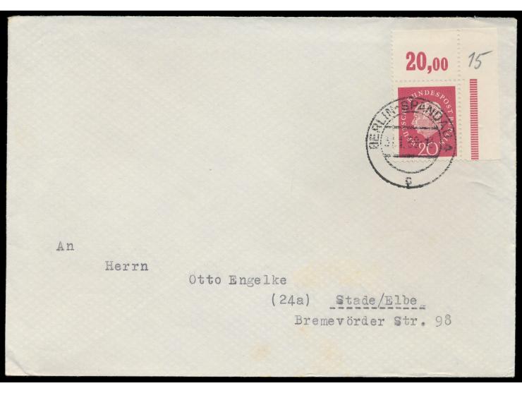 20 Pf. Heuss mit  Plattendruck-Eckrand  rechts oben auf Brief nach Stade, Stempel Berlin-Spandau 31.1.59, MiPr. 70  für lose