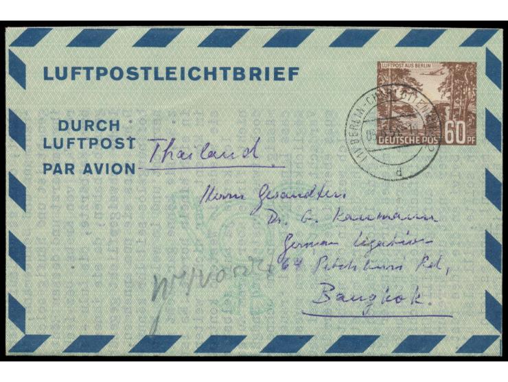 Luftpostfaltbrief  60 Pf. mit Stempel Berlin-Charlottenburg 2 5.6.54  nach Thailand,  Ankunftstempel Bangkok, seltene Destina