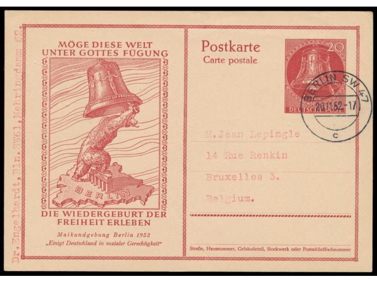 Sonderganzsache Maifeier 1952 20 Pf.  mit Stempel  Berlin SW 47  20.11.52 nach Belgien, Bedarf, MiPr. 300 
