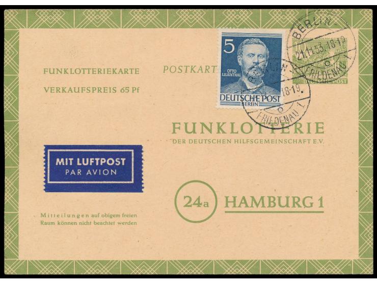 Funklotterie-Ganzsache 10 Pf. mit Zusatzfrankatur 5 Pf. Lilienthal als  Luftpostzuschlag,  Stempel Berlin-Friedenau 1 21.11.5