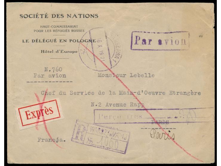 Viererblock 30 gr rückseitig auf  Luftpost-Express-R-Brief  von Warszawa 16.10.1924 nach Paris,  Luftpostzuschlag bar bezahlt