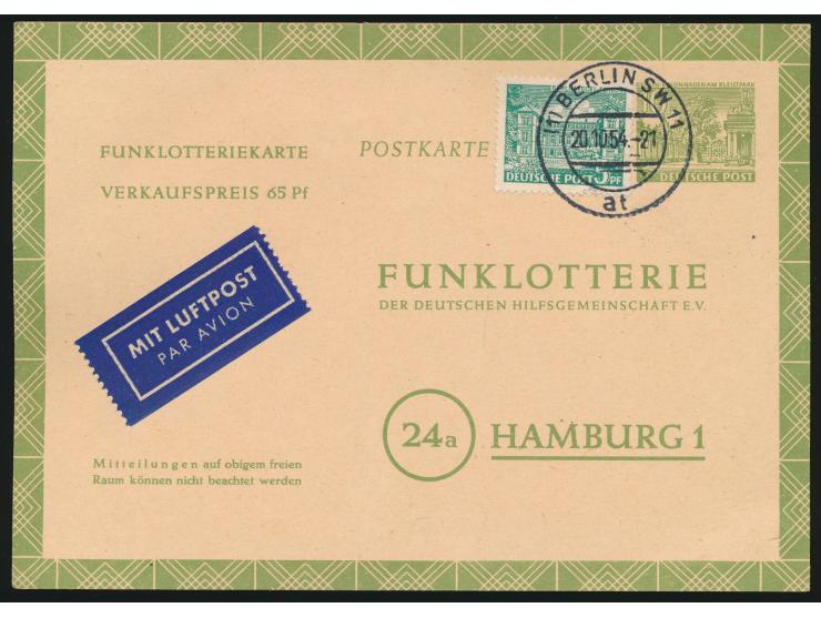 2 Ganzsachen &nbsp;Funklotterie mit &nbsp;nebeneinanderliegenden Losnummern, &nbsp;beide mit Zusatzfrankatur &nbsp;5 Pfg. Bau