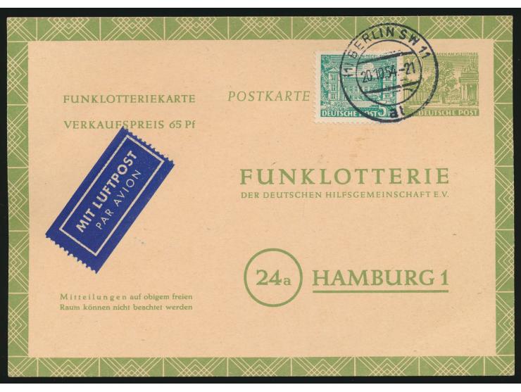 2 Ganzsachen &nbsp;Funklotterie mit &nbsp;nebeneinanderliegenden Losnummern, &nbsp;beide mit Zusatzfrankatur &nbsp;5 Pfg. Bau