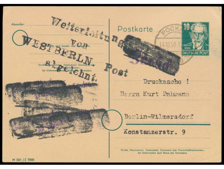 SBZ-Ganzsache 10 Pf. mit Stempel  Pockau (Flöhatal) Land  14.10.50 nach Berlin-Wilmersdorf, Propaganda-Nebenstempel "... Einh