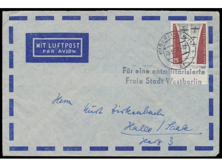 25 Pf. "Luftbrücke" auf Luftpostbrief mit Stempel Berlin SW 11 28.6.59 nach Halle / Saale, zweizeiliger DDR-Gegenstempel  "Fü