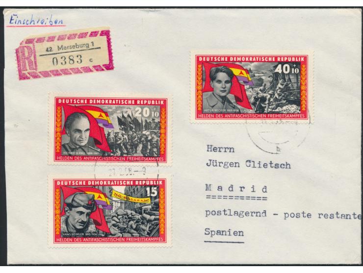 DDR-Sondermarken &nbsp;&quot;Kämpfer der Internationalen Brigaden in Spanien&quot; &nbsp;15, 20 und 40 Pf. auf Einschreibbrie