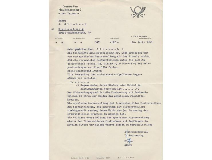 DDR-Sondermarken &nbsp;&quot;Kämpfer der Internationalen Brigaden in Spanien&quot; &nbsp;15, 20 und 40 Pf. auf Einschreibbrie