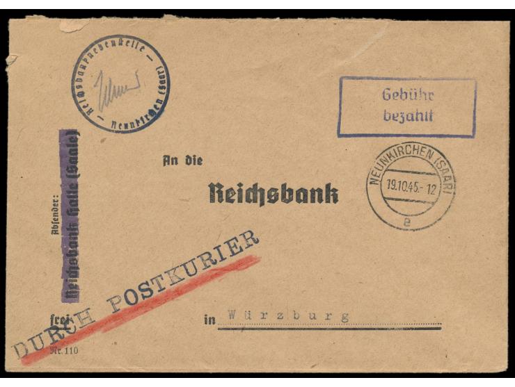 Reichsbank-Kurierbrief  (Gebühr 1 RM) der Reichsbanknebenstelle Neunkirchen (Saar) nach Würzburg vor allgemeiner Zulassung de