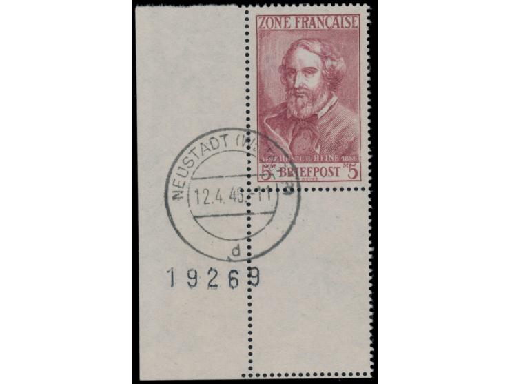 5 M  Heinrich Heine als unteres linkes Eckrandstück mit  Leerfeld  und  Bogennummer 19269, sauberer Stempel Neustadt (Weinstr