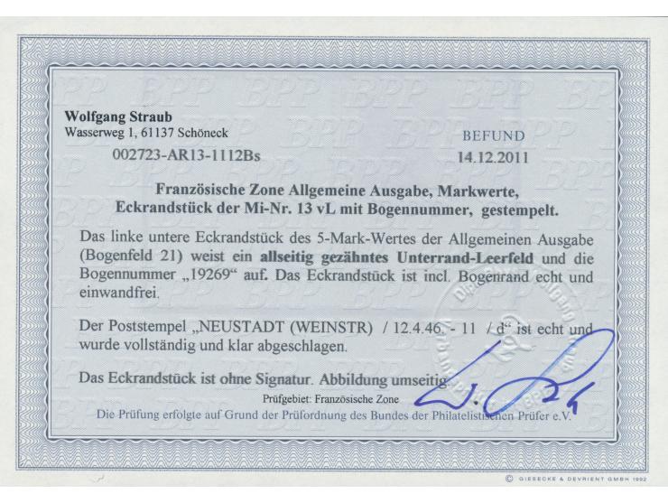 5 M  Heinrich Heine als unteres linkes Eckrandstück mit  Leerfeld  und  Bogennummer 19269, sauberer Stempel Neustadt (Weinstr