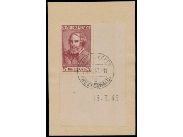 5 M  Heinrich Heine als unteres rechtes Eckrandstück mit  Leerfeld  und  Druckdatum  18.3.46, sauberer Stempel Altenkirchen (