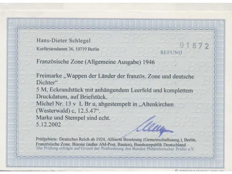 5 M  Heinrich Heine als unteres rechtes Eckrandstück mit  Leerfeld  und  Druckdatum  18.3.46, sauberer Stempel Altenkirchen (