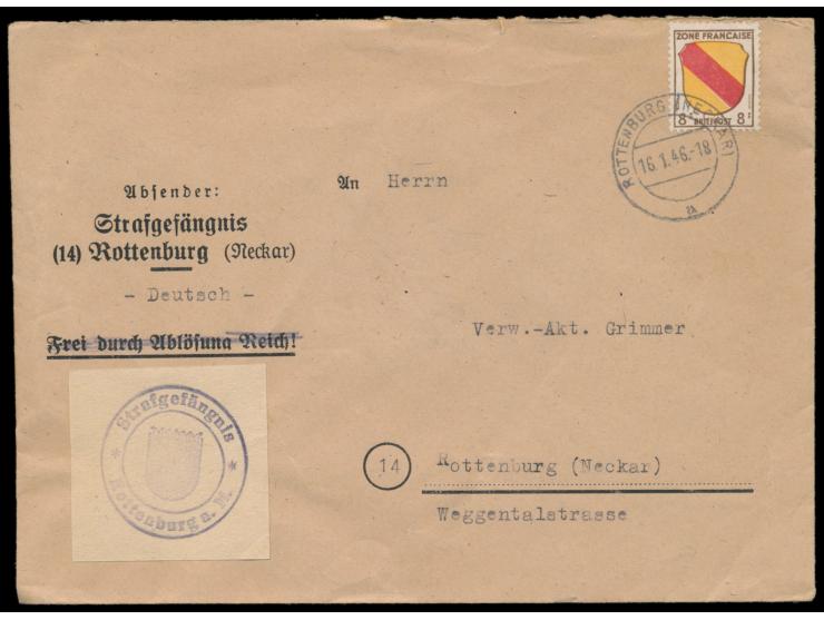 Einzelfrankatur 8 Pf. auf Ortsbrief mit Stempel  Rottenburg (Neckar)  16.1.46, Absender  Strafgefängnis Rottenburg (Neckar), 
