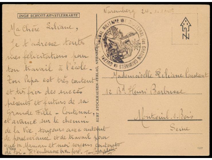 Postkarte eines französischen Teilnehmers am Hauptkriegsverbrecher-Prozess des Internationalen Militärgerichtshof in Nürnberg