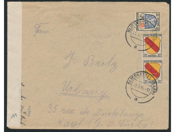15 Pf. und 2 x 30 Pf. auf Auslandsbrief mit Stempel  Blieskastel (Saar)  29.5.46  nach Luxemburg,  links weißer  Zensurversch