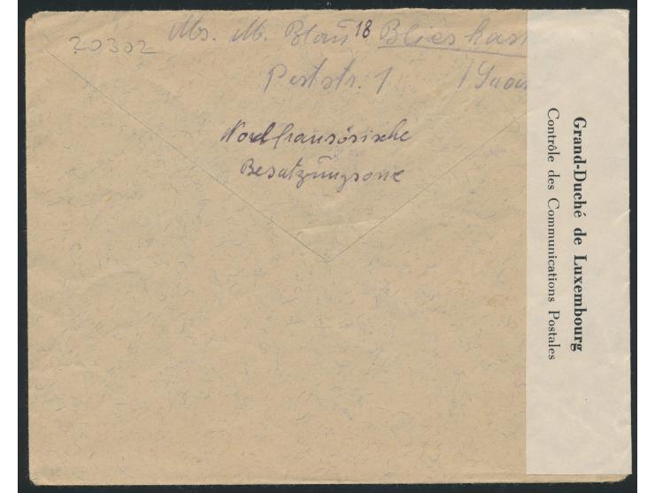 15 Pf. und 2 x 30 Pf. auf Auslandsbrief mit Stempel  Blieskastel (Saar)  29.5.46  nach Luxemburg,  links weißer  Zensurversch
