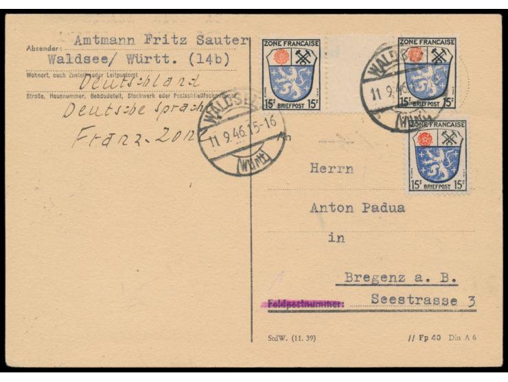 Einzelmarke und waagerechtes &nbsp;Zwischenstegpaar 15 Pf. &nbsp;auf Auslandskarte mit Stempel Waldsee (Württ.) 11.9.46 nach 