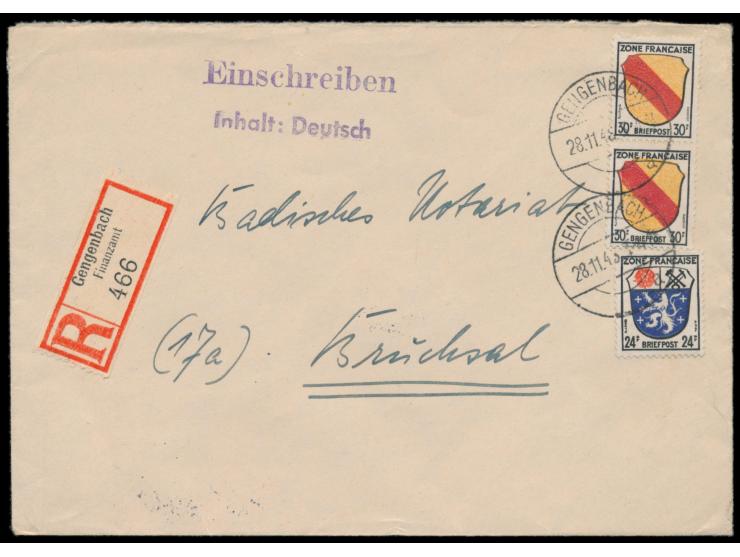 Allgemeine Ausgabe 24 Pf. und 2 x 30 Pf. auf Einschreibbrief mit Stempel Gengenbach 28.11.46 nach Bruchsal, aushilfsweise Ver
