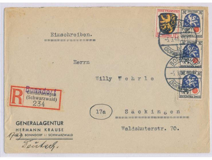 12 Pf. und 3 x 24 Pf. auf Einschreibbrief mit Stempel  Bonndorf (Schwarzwald)  5.3.48 nach Säckingen,  R-Zettel Gunderwangen 