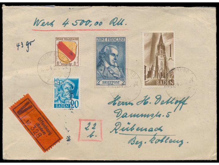 Allgemeine Ausgabe 8 Pf. und  2 Mark Schiller  mit Baden 20 Pf. und 1 Mark auf  Wertbrief,  Wertangabe 4500 RM, Gewicht 43 gr