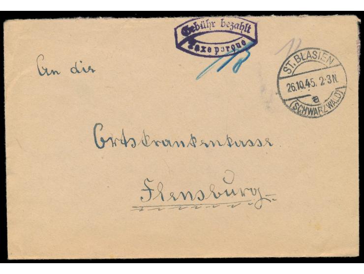 Brief mit Stempel  St. Blasien (Schwarzwald)  26.10.45 und Stempel Gebühr bezahlt / Taxe percue nach Flensburg, frühes Datum 