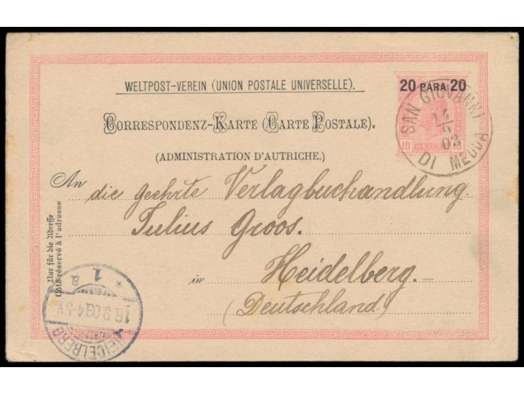 Österreichische Post, &nbsp;Ganzsache 20 Para mit seltenem Stempel &nbsp;San Giovanni di Medua &nbsp;14.9.03 nach Deutschland