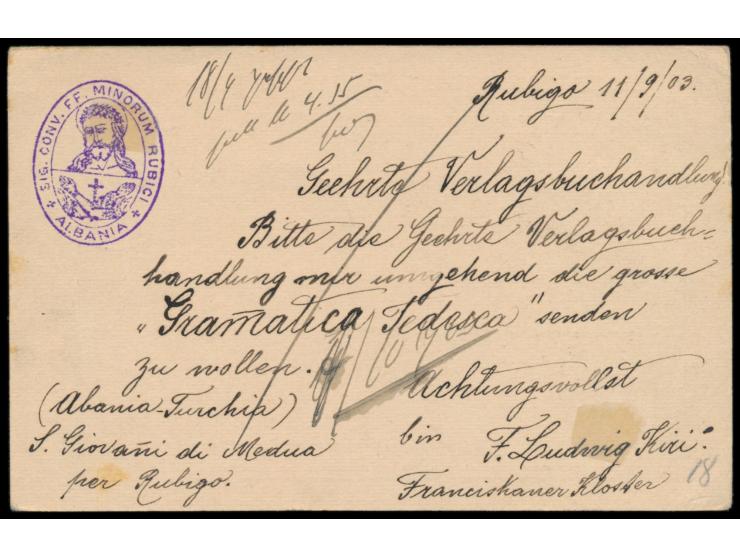 Österreichische Post, &nbsp;Ganzsache 20 Para mit seltenem Stempel &nbsp;San Giovanni di Medua &nbsp;14.9.03 nach Deutschland