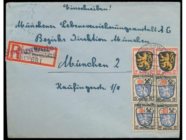 Allgemeine Ausgabe 2 x 12 Pf. und 4 x 15 Pf. auf Einschreibbrief mit Stempel  Bodersweier über Kehl  2.4.46 nach München,  R-