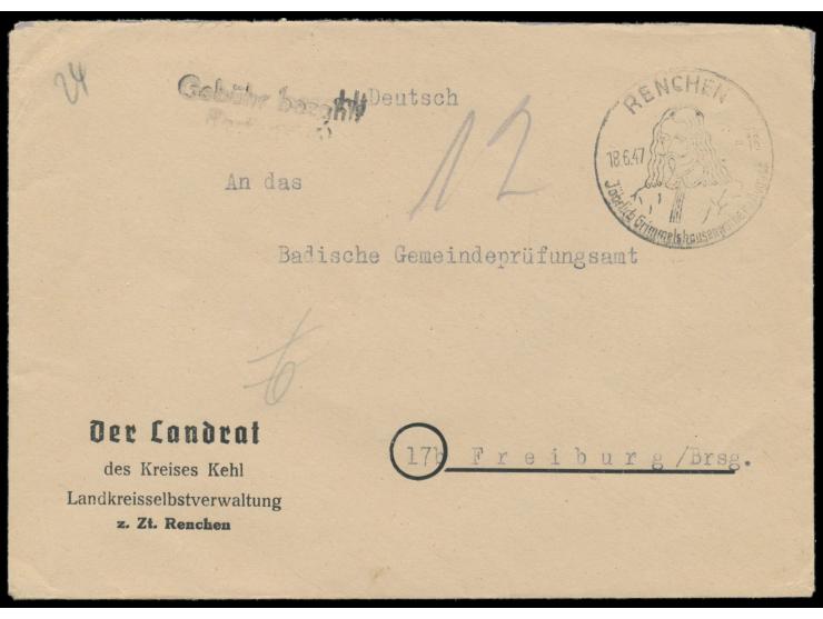 Ortswerbestempel &nbsp;Renchen &nbsp;18.6.47 und schwarzem L2 Gebühr bezahlt / Taxe percue auf Brief mit vorderseitig gedruck