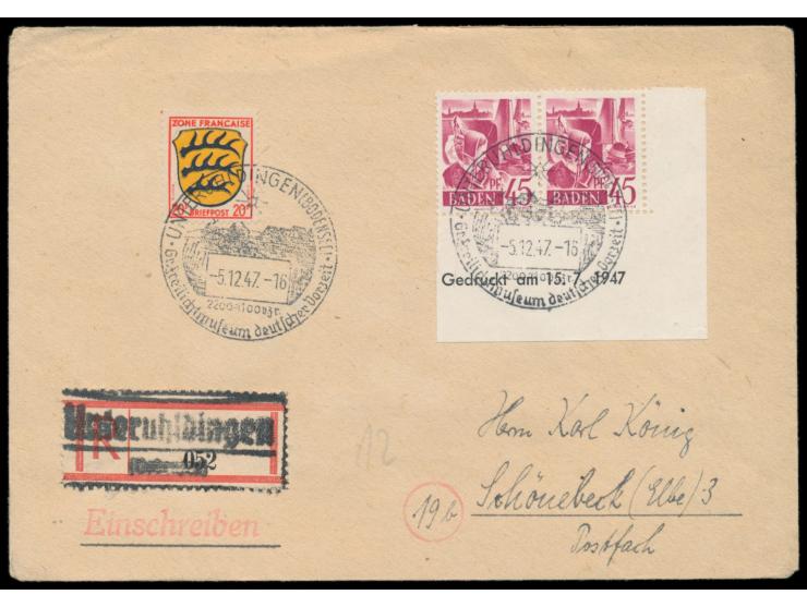 45 Pf. im waagerechtem Eckrandpaar mit komplettem &nbsp;Druckdatum 15.7.1947 &nbsp;und Allgemeine Ausgabe 20 Pf. auf Einschre