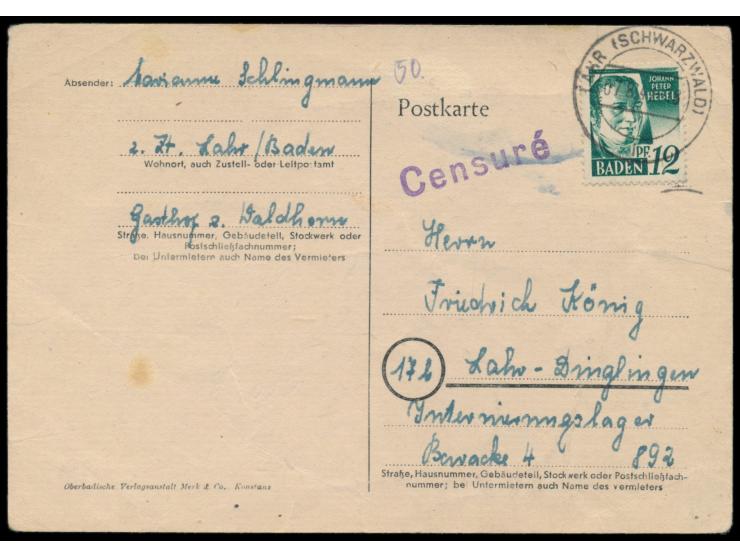 12 Pf. auf Postkarte mit Stempel Lahr (Schwarzwald) 7.8.47 an einen Gefangenen im  Internierungslager Lahr-Dinglingen,  viole
