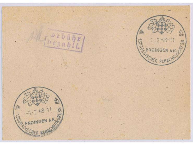 Sonderstempel &nbsp;Endingen a. N. 1. Südbadischer Schachkongress &nbsp;3.2.48, 2 Blankoabschläge auf Karte mit violettem R2 