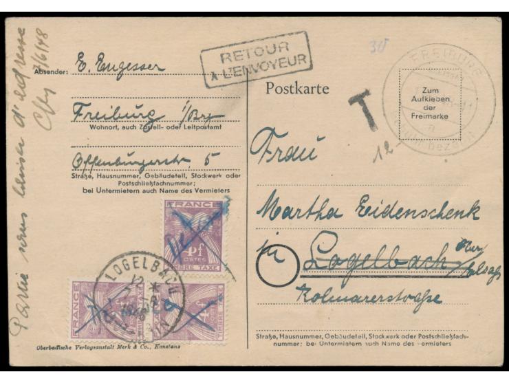 Auslandskarte nach Frankreich mit Stempel  Freiburg (Breisgau) Gebühr bezahlt  1.6.48, in Frankreich Barfrankierung nicht erk