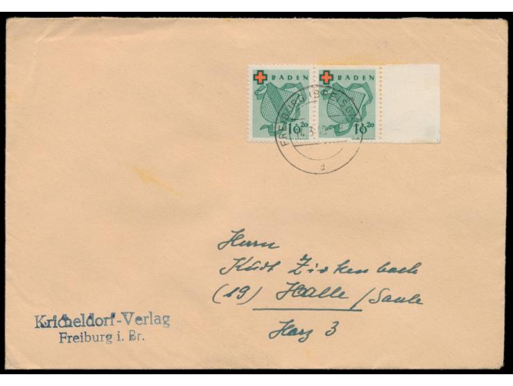 10 Pf. Rotes Kreuz  als waagerechtes Paar mit Seitenrand rechts auf Brief, Stempel  Freiburg (Breisgau) 2  14.3.49, nach Hall