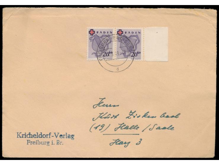 20 Pf. Rotes Kreuz  als waagerechtes Paar mit Seitenrand rechts auf Brief 2. Gewicht, Stempel  Freiburg (Breisgau) 2  14.3.49