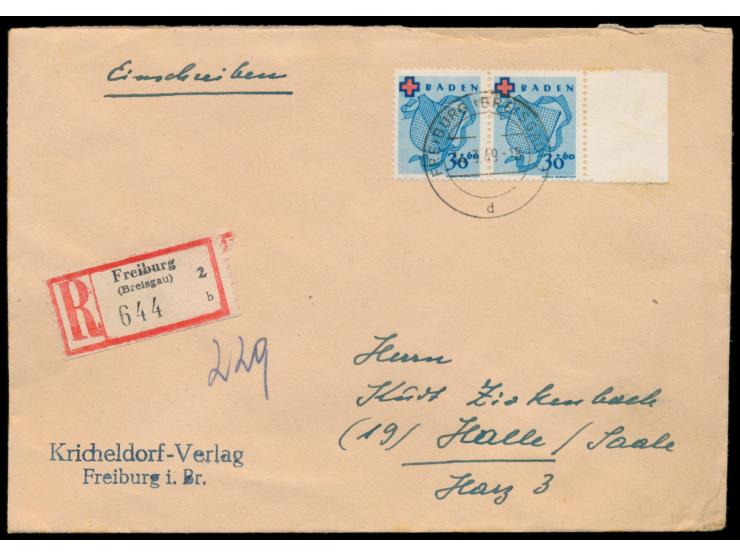 30 Pf. Rotes Kreuz  als waagerechtes Paar mit Seitenrand rechts auf  Einschreibbrief,  Stempel  Freiburg (Breisgau) 2  14.3.4