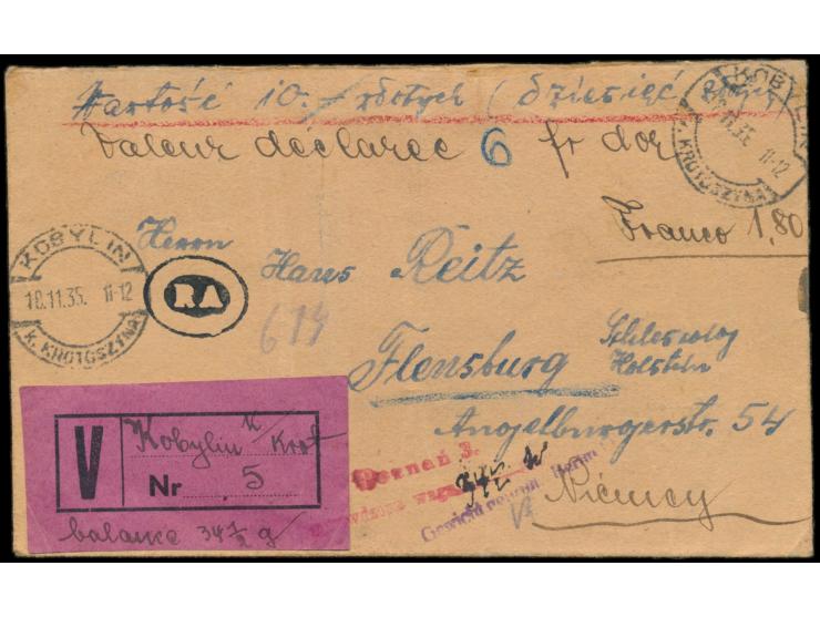 Wertbrief &nbsp;mit Wertangabe 10 Zl. nach Deutschland, Stempel &nbsp;Kobylin &nbsp;18.11.35, handschriftlich &quot;Franco 1,