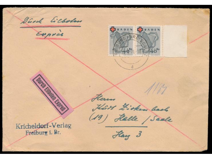 40 Pf. Rotes Kreuz  als waagerechtes Paar mit Seitenrand rechts auf Eilbotenbrief, Stempel  Freiburg (Breisgau) 2  14.3.49, n