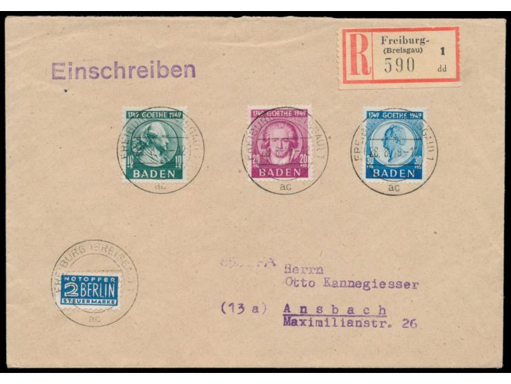 Goethe-Satz  und Notopfermarke   auf Einschreibbrief mit zentrischen Stempeln  Freiburg (Breisgau) 1  28.8.49 nach Ansbach, A
