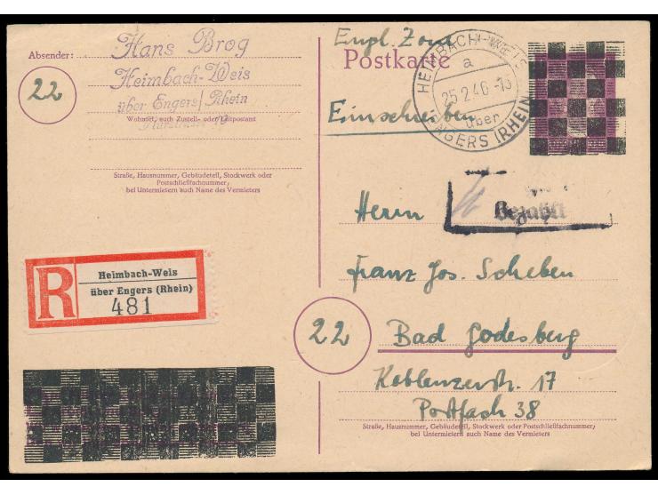 Stempel  Heimbach-Weis über Engers (Rhein)  25.2.46 und R2 "... gebühr bezahlt" auf Hitler-Ganzsache mit Überdruck im Schachb