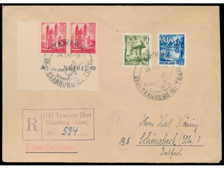 24 Pf. im waagerechtem Eckrandpaar links unten mit Bogen-Nr. " A N. 64047 *" und 16 Pf. und 20 Pf. als Einschreiben nach Schö