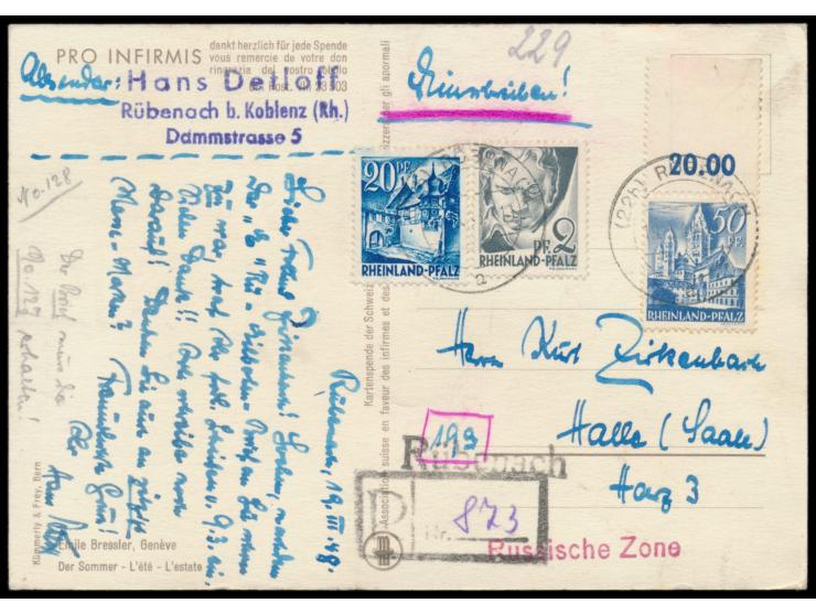 50 Pf. mit Oberrand über Markengröße (oben ohne Zähnung) mit 2 Pf. und 20 Pf. als portorichtige  Einschreiben-Postkarte,  Ste