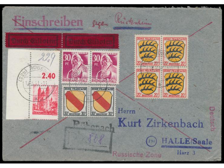 Eilboten R-Rückschein-Brief von Rübenach 19.3.48 nach Halle (Saale), Frankatur 24 Pf. Wormser Dom mit Eckrand links oben mit 