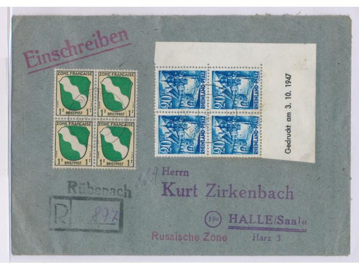 Eckrandviererblock  Rheinland-Pfalz 20 Pf. mit komplettem  Druckdatum 3.10.1947  und Viererblock Allgemeine Ausgabe 1 Pf. auf