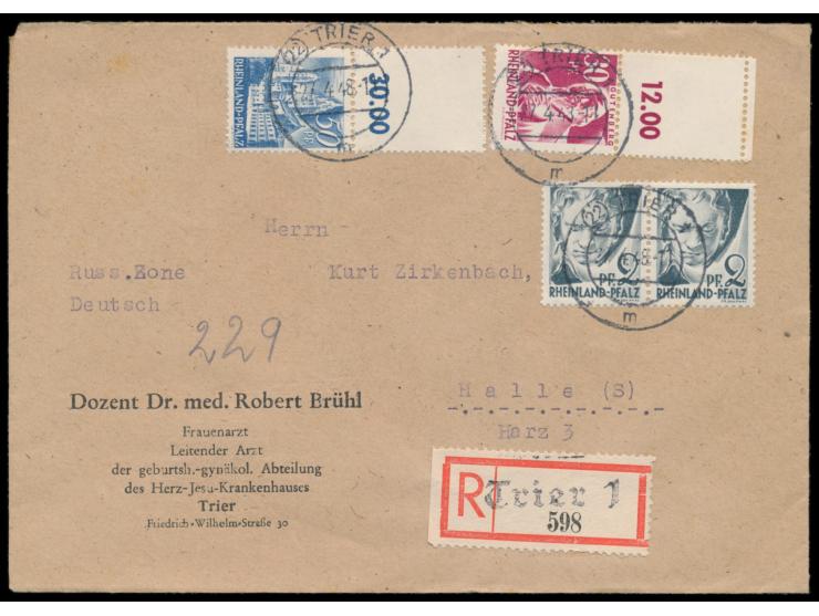 30 Pf. und 50 Pf. mit Oberrand (beide mit gezähntem Feld in Markengröße) mit 2 Pf. auf Einschreibbrief, Stempel &nbsp;Trier 1